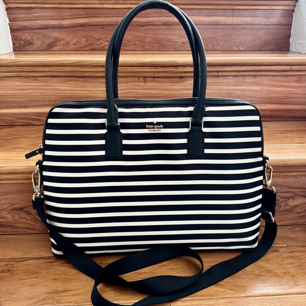 Kate Spade Back White Stripe Laptop Bag with Straps